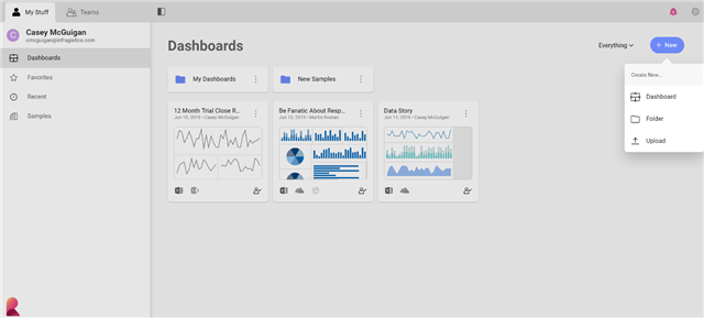 How to Create Your First Business Intelligence Dashboard with Reveal Steps to Data Insights - click the new button in the top right-hand corner and select dashboard